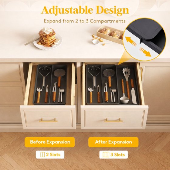 Norcho Utensil Organizer for Kitchen Drawer, Expandable Cooking Silverware Tray, Adjustable Plastic Cutlery and Flatware Holder, Spatula and Tool Storage Divider, 14.4 × 15.8 Inches, Black