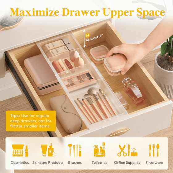 Norcho Sliding Makeup Drawer Organizer, Fits 13-20" Deep, Extendable Hanging Divider 1.8" High Tray Vanity Office Kitchen Translucent 2Pcs