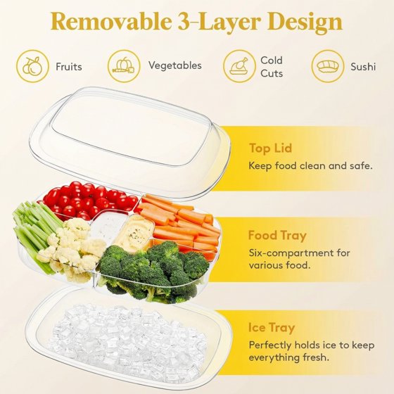 Norcho Chilled Serving Tray for Parties, 15-Inch Divided Shrimp Cocktail Serving Dish with Lid, Plastic Taco and Ice Serving Platter for Veggies, Fruit, Salad, and Buffet Use
