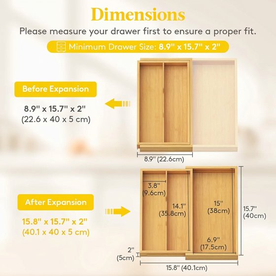 Norcho Expandable Bamboo Utensil Organizer Tray, Adjustable Cutlery and Flatware Holder for Kitchen Drawer, 8.9–15.8 x 15.75"