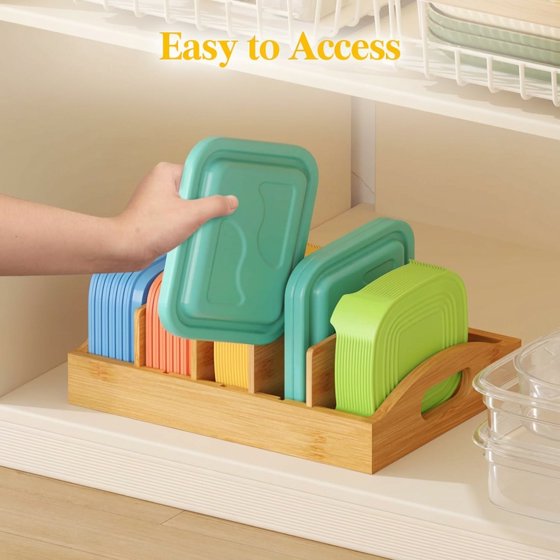 Norcho Bamboo Lid Organizer for Cabinet, Adjustable Food Storage Container Lid Holder with 4 Inserts and 5 Compartments, 10.6" x 8.3" for Kitchen Pantry Organization