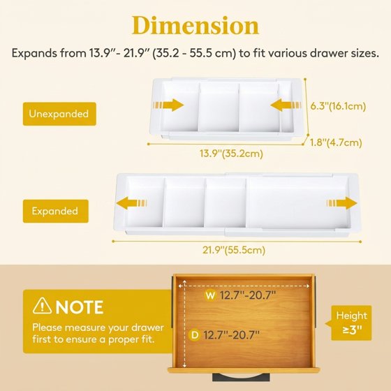 Norcho Sliding Makeup Drawer Organizer Fits 13-20" Deep, Extendable Hanging Divider 1.8" High Tray White, 1 Pc