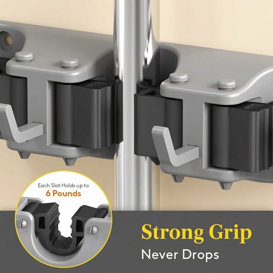 Norcho Wall Mount Mop Broom Holder, Anti-Slip Hanger 5 Slots 6 Hooks Holds 30lbs, Garage Closet Kitchen, Gray 2 Pack