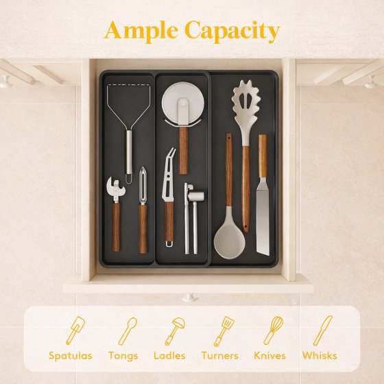 Norcho Utensil Organizer for Kitchen Drawer, Expandable Cooking Silverware Tray, Adjustable Plastic Cutlery and Flatware Holder, Spatula and Tool Storage Divider, 14.4 × 15.8 Inches, Black