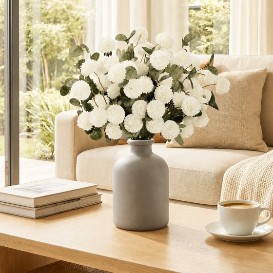 Norcho White Artificial Flower for Vase, 10 Pcs Faux Silk Mum Balls + 2 Eucalyptus Stems, Fake Small Kiku for Floral Arrangement, Pom Pom Centerpiece