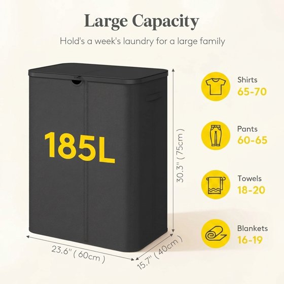 Norcho 185L 3-Section Laundry Hamper with Lid, Bamboo Handles Removable Bags Foldable Basket, Black