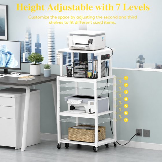 Norcho 4 Tier Printer Stand with 3 Power Outlets, Wheels & Adjustable Storage Shelf, Rolling Printer Cart for Home Office, Shredder, Scanner & Fax Machine, Holds up to 340 lbs, White