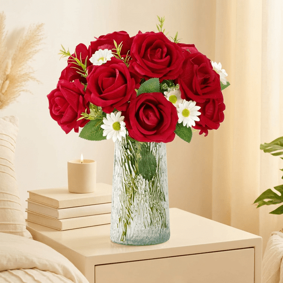 Norcho 10 Pcs Red Artificial Roses Bulk, Fake Long Stem Silk Flowers for DIY Wedding Bouquets Centerpieces Valentine Decor