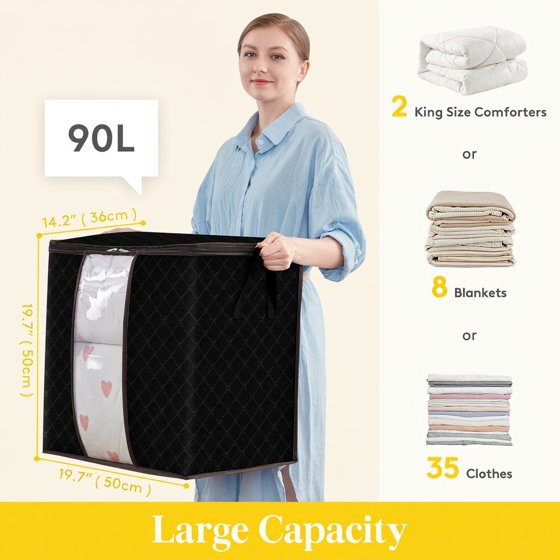 Norcho 90L Clothes Storage Bag with Reinforced Handle, Sturdy Zipper Clear Window, Foldable for Comforters Blankets, 6 Pack Black