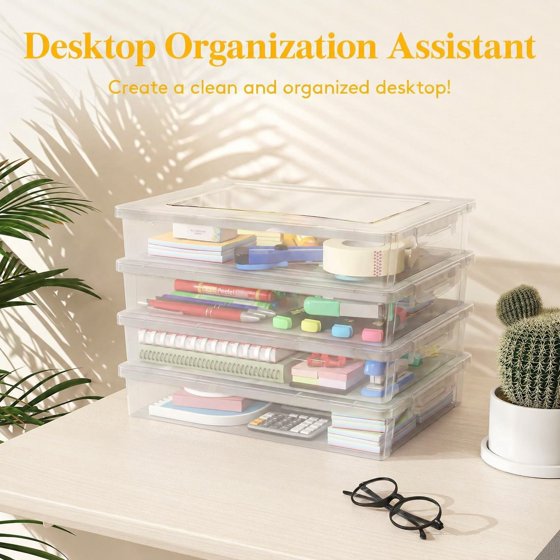 Norcho 4 Pack Paper Organizer Storage Boxes, 12 x 9 inch Multi-Purpose Clear Plastic File Box with Latching Lids for A4, 8.5" x 11" Letter Size Documents, Scrapbook, Magazine & Art Supplies