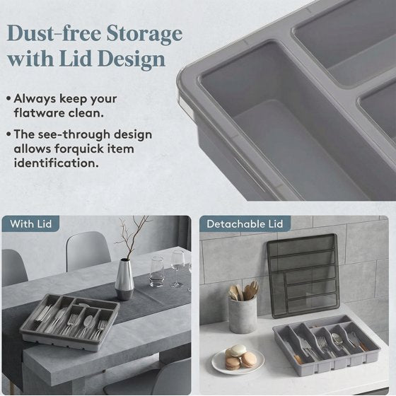 Norcho Silverware Organizer with Lid, Covered Utensil Tray for Kitchen Drawer and Countertop, 12.6 x 11.8", Plastic Cutlery and Flatware Holder, Gray