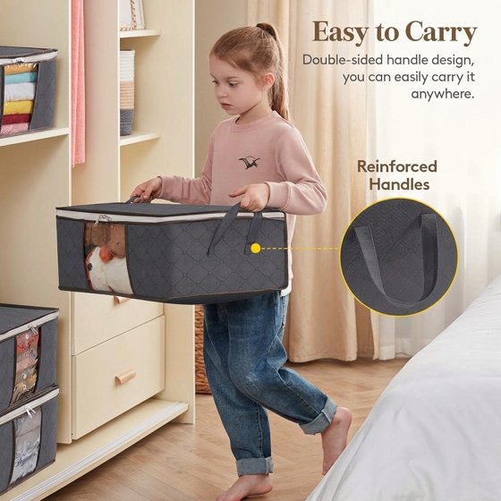 Norcho 6 Pack Clothes Storage Bag Foldable Bin with Reinforced Handle, Clear Window, Sturdy Fabric for Clothing Bedding, Gray