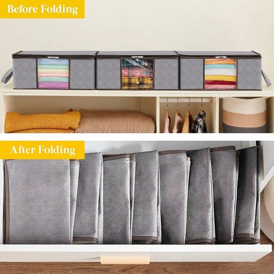 Norcho 6 Pack Clothes Storage Bag Foldable Bin with Reinforced Handle, Clear Window, Sturdy Fabric for Clothing Bedding, Light Gray