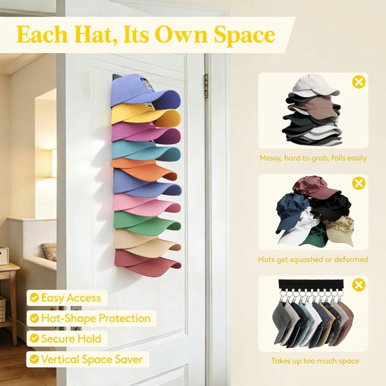 Norcho Hat Organizer Baseball Caps, Holds 10, Wall Mount Over Door Rack Dual Install Nails Adhesive, Black 2-Pack