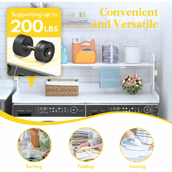 Norcho Washer Dryer Countertop with Adjustable Shelf, Melamine Laundry Room Organizer Top with Edge Rails and Towel Rack for Storage and Organization, White