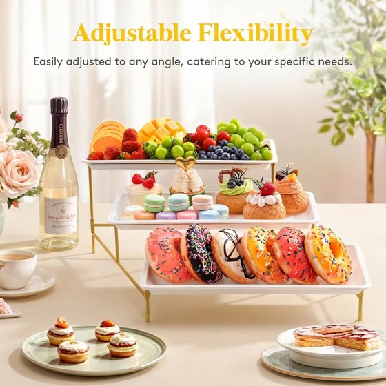 Norcho 3 Tier Serving Tray, White Plastic Tiered Food Serving Platters with Collapsible Gold Metal Stand, 14" x 6.5"