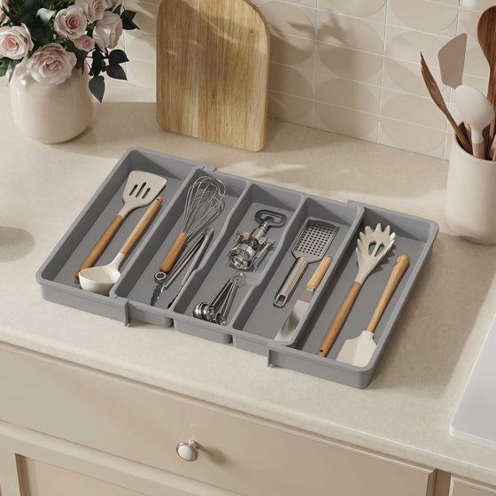 Norcho Utensil Organizer for Kitchen Drawers, Expandable Cooking Utensil Tray, Adjustable Cutlery and Silverware Holder, 13–22 x 15", Gray