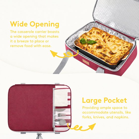 Norcho Insulated Double Decker Casserole Carrier, Expandable Tote for Hot/Cold Food, Fits 9"x13" Dish, Potluck/Picnic, Red