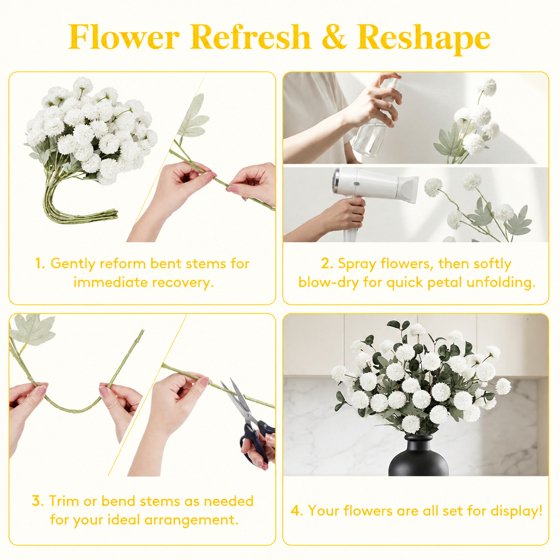 Norcho White Artificial Flower for Vase, 10 Pcs Faux Silk Mum Balls + 2 Eucalyptus Stems, Fake Small Kiku for Floral Arrangement, Pom Pom Centerpiece