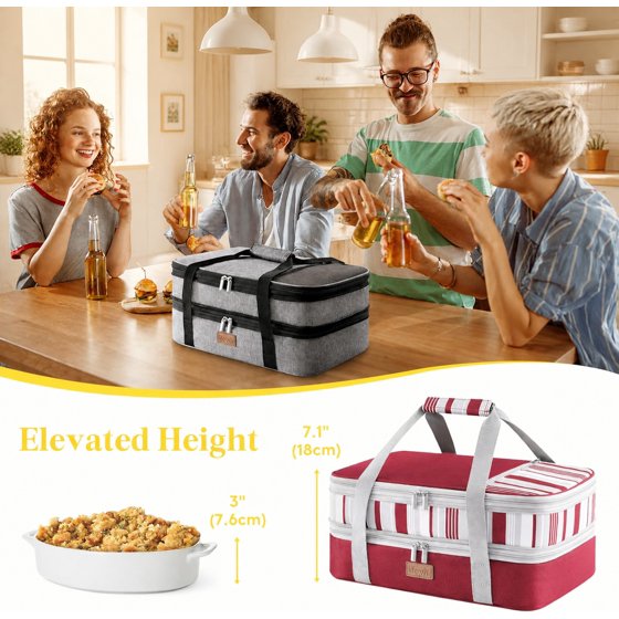 Norcho Insulated Double Decker Casserole Carrier, Expandable Tote for Hot/Cold Food, Fits 9"x13" Dish, Potluck/Picnic, Red