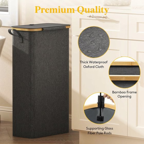 Norcho 65L Slim Laundry Hamper with Lid, Narrow Collapsible Laundry Basket with Removable Bag and Bamboo Handles, Dark Gray