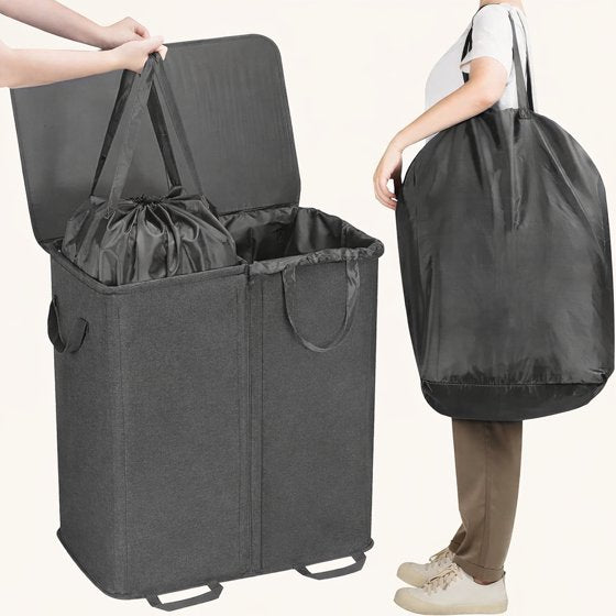 Norcho Double Laundry Hamper with Lid and Removable Bags, Large Collapsible 2-Divider Laundry Basket with Handles, 136L, Black