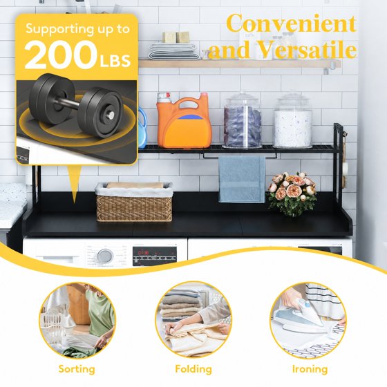 Norcho Washer Dryer Countertop with Adjustable Shelf, Melamine Laundry Room Organizer Top with Edge Rails and Towel Rack for Storage and Organization, Black