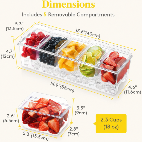 Norcho Ice Chilled Condiment Caddy 5 Containers, Condiment Server with Lid, Serving Tray Platter with Removable Dishes for Bar, Fruit, Salad, Taco Party & Garnishes