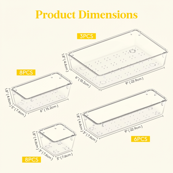 Norcho 25 PCS Clear Plastic Drawer Organizer Set, Desk Dividers Trays, Storage Bins for Makeup Jewelry Gadgets, Bedroom Bathroom Office