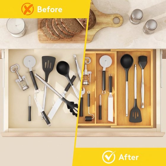 Norcho Expandable Bamboo Utensil Organizer Tray, Adjustable Cutlery and Flatware Holder for Kitchen Drawer, 8.9–15.8 x 15.75"
