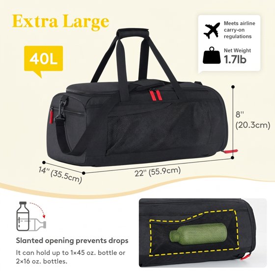 Norcho 40L Gym Duffel Bag with Shoe Pocket, 3-in-1 Waterproof Travel Weekender Backpack Dry Wet Separation, Black