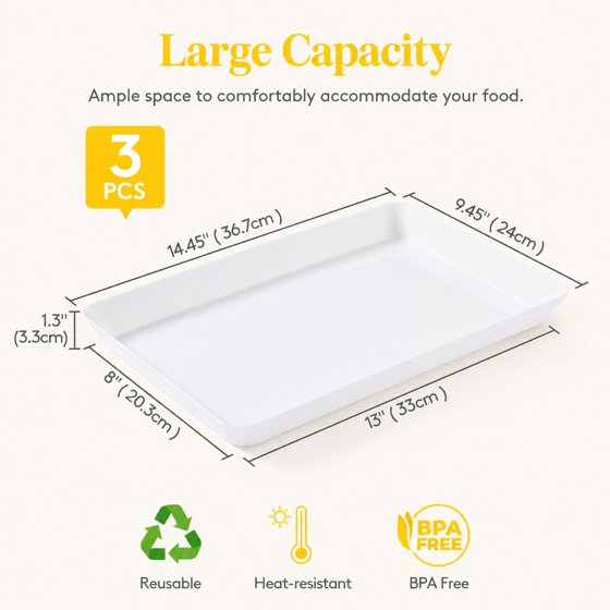Norcho Serving Tray Set, 15" x 10" White Serving Platters for Party Supplies, 3 Pack Reusable Food Trays for Veggies, Snacks, Fruit, Cookies, Desserts, Kitchen & Pantry Organization