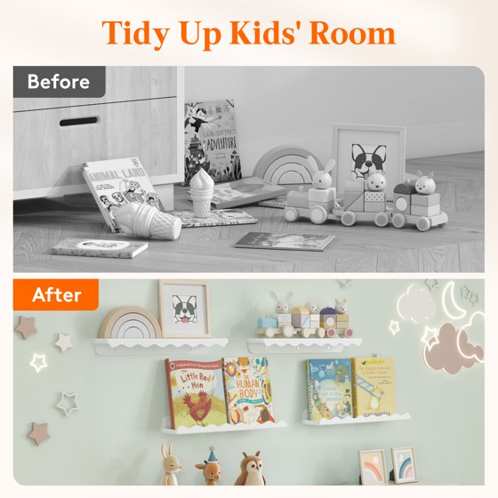 Floating Book Shelves 6 Pack, 15"×3.4" White Cloud Plastic Wall Shelf for Kids Bedroom, Hanging Bookshelf Rack for Baby, Toddler, Children Room Decor, Mother’s Day Gift Idea
