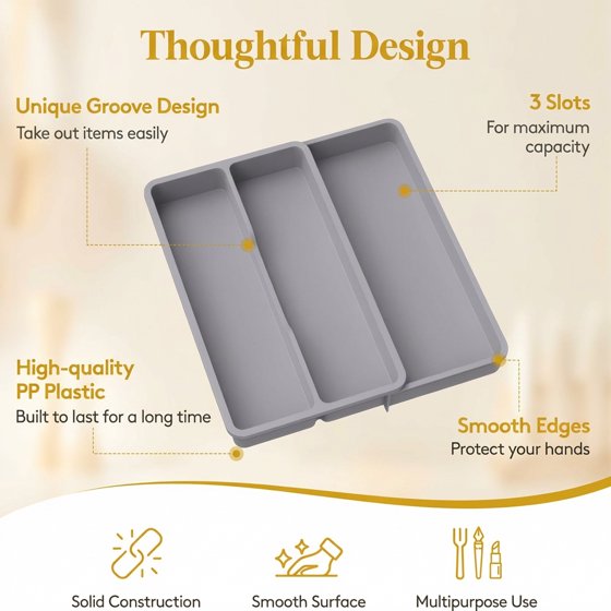 Norcho Utensil Organizer for Kitchen Drawer, Expandable Cooking Silverware Tray, Adjustable Plastic Cutlery and Flatware Holder, Spatula and Tool Storage Divider, 14.4 × 15.8 Inches, Gray