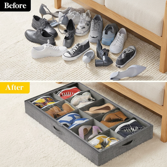Norcho Under Bed Shoe Organizer Holds 10 Pairs, 4.3" Tall Sturdy Foldable Sneaker Storage Boxes for Boots Heels, 2 Pack
