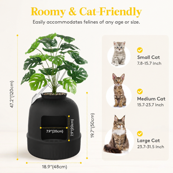Cat Litter Box with Lid, Corner Cat Litter Box Enclosure, Hidden Cat Litter Box Plant, Black