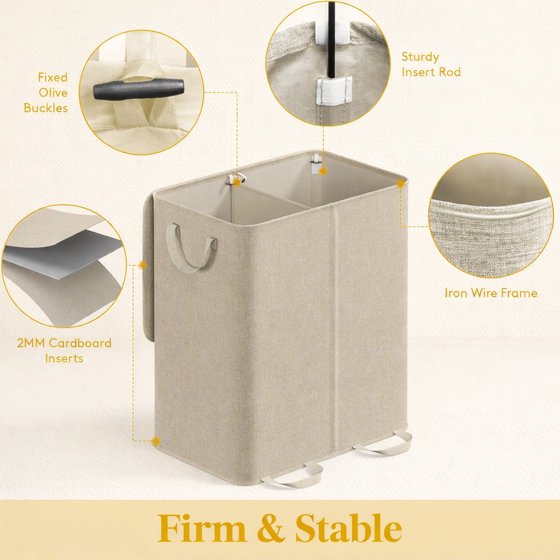 Norcho Double Laundry Hamper with Lid and Removable Bags, Large Collapsible 2-Divider Laundry Basket with Handles, 155L, Beige