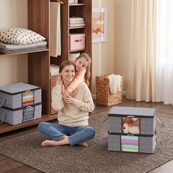 Norcho 6 Pack Clothes Storage Bag Foldable Bin with Reinforced Handle, Clear Window, Sturdy Fabric for Clothing Bedding, Light Gray