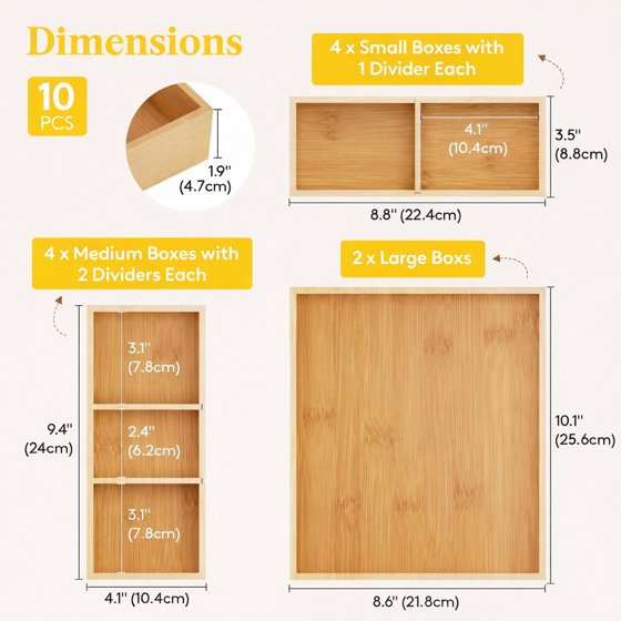 Norcho Adjustable Bamboo Drawer Organizers with 12 Inserts, Stackable Storage Boxes, 10-Pack for Kitchen, Bathroom, Office, Vanity