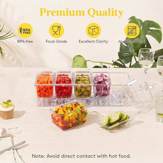 Norcho Ice Chilled Condiment Caddy 5 Containers with Accessories, Condiment Server with Lid, Serving Tray Platter with Removable Dishes for Bar, Fruit, Salad, Taco Party & Garnishes