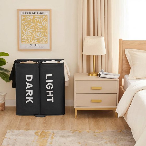 Norcho 136L Double Laundry Hamper with Lid, Large Divided Laundry Basket with Removable Bags, Collapsible 2-Section Hamper with Handles, Black