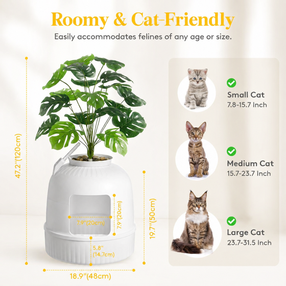 Cat Litter Box with Lid, Corner Cat Litter Box Enclosure, Hidden Cat Litter Box Plant, White