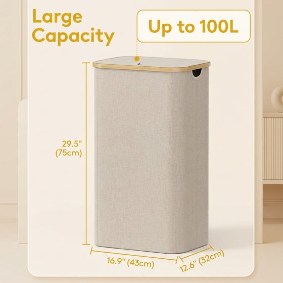 Norcho 100L Laundry Basket with Lid, Large Foldable Laundry Hamper with Bamboo Handles and Removable Bag, Beige (5.0) | 3 ratings