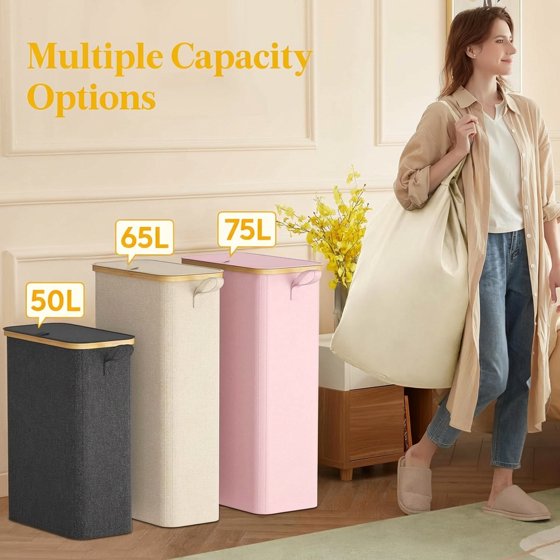 Norcho 65L Slim Laundry Hamper with Lid, Narrow Collapsible Laundry Basket with Removable Bag and Bamboo Handles, Dark Gray