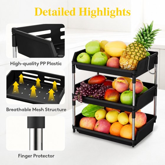 Norcho 3 Tier Fruit Basket for Kitchen Counter with Banana Hanger, Fruit Bowl and Vegetable Storage Stand Organizer for Bread, Snacks and Produce