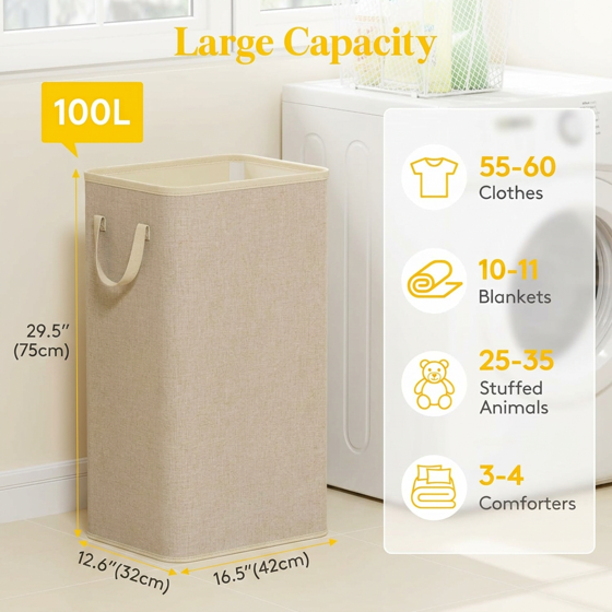 Norcho 100L Tall Collapsible Laundry Hamper with Handles, Foldable Portable Clothes Basket for Dorm Bathroom, Beige