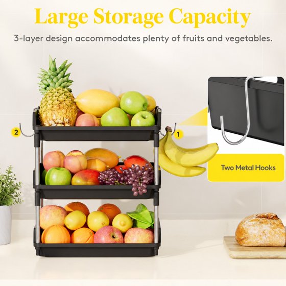 Norcho 3 Tier Fruit Basket for Kitchen Counter with Banana Hanger, Fruit Bowl and Vegetable Storage Stand Organizer for Bread, Snacks and Produce
