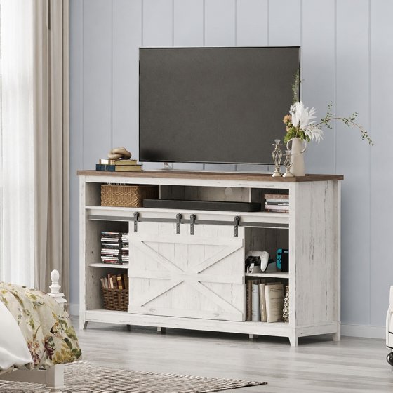 Norcho Farmhouse TV Stand for TVs up to 65", Entertainment Center with Sliding Barn Doors, Adjustable Shelves and Open Storage, TV Console for Living Room, Bedroom