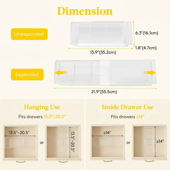 Norcho Sliding Makeup Drawer Organizer, Fits 13-20" Deep, Extendable Hanging Divider 1.8" High Tray Vanity Office Kitchen Translucent 2Pcs