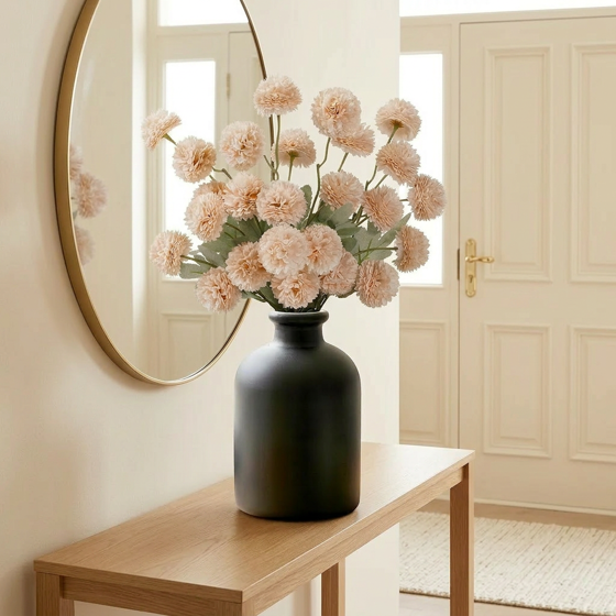 Norcho 5 Pcs Beige Artificial Silk Mums Ball Flowers Long Stems, Fake Chrysanthemums Pom Pom for Vase Home Wedding Decor